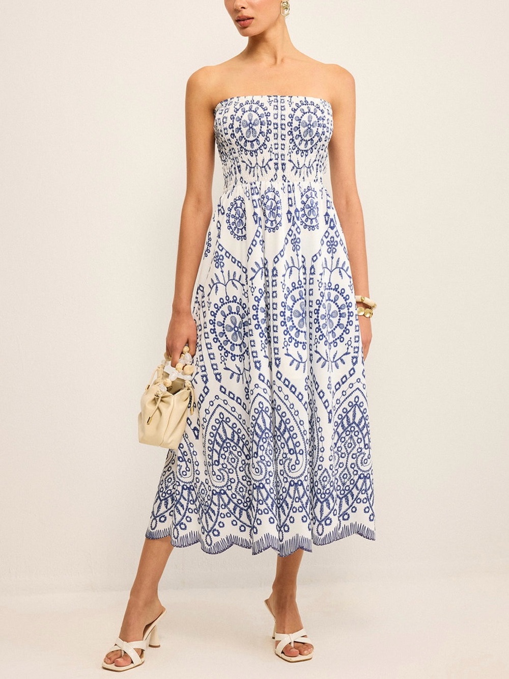 Commense Strapless Boho Maxi Dress Blue White Medallion Coastal Chic Wedding L
